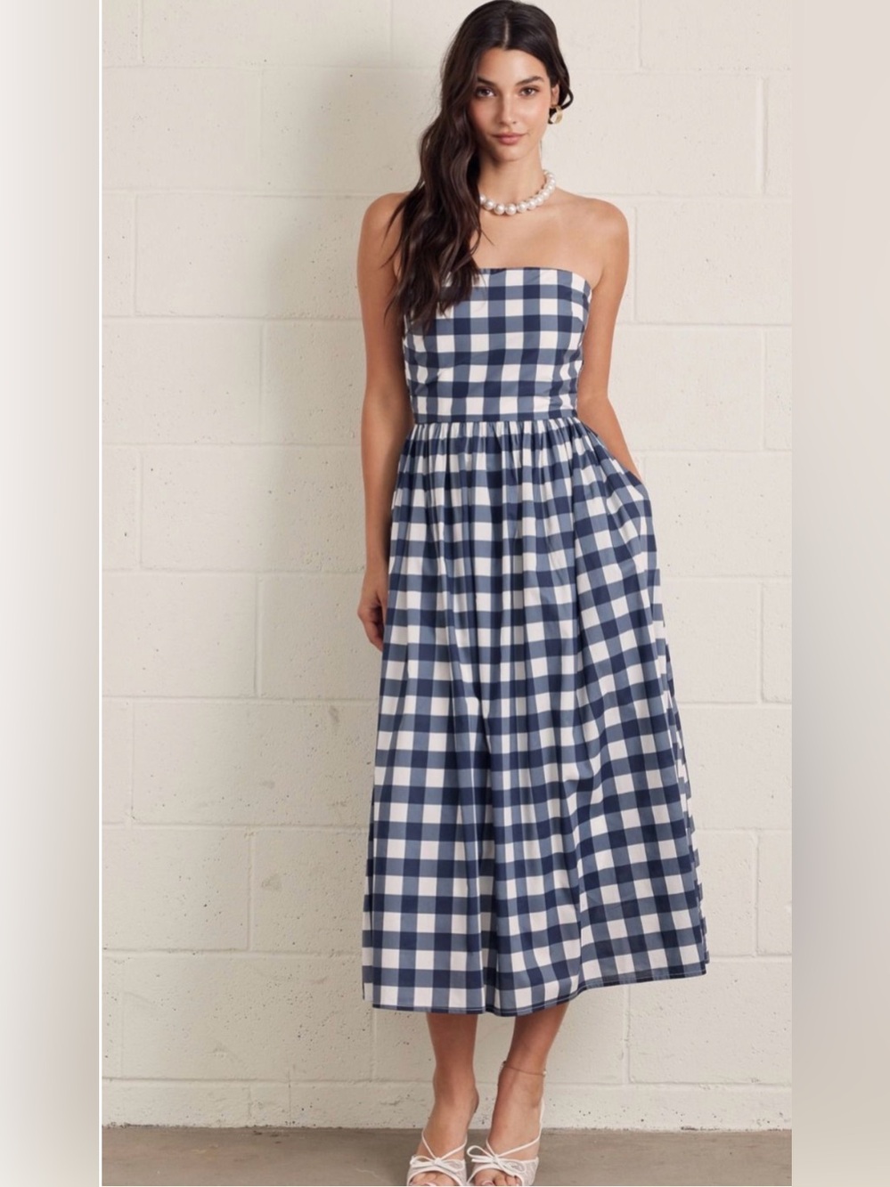 💙LOVE! NWT Navy Gingham Summer Cotton Smocked Strapless Midi Tuckernuck S M L